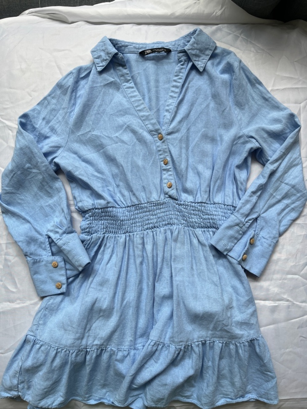 Zara chambray Blue Smocked-Waist Button Front Dress, linen blend, size M
